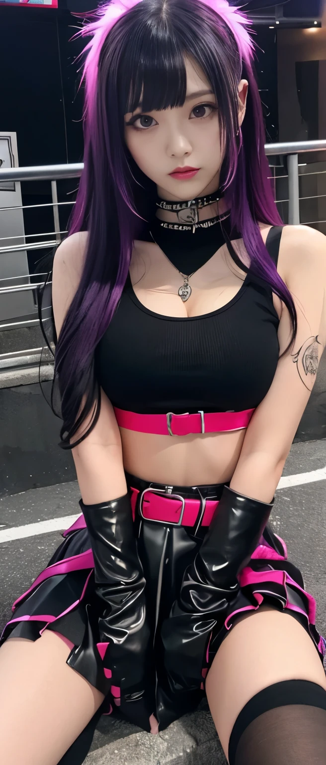 A pure punk idol girl、whole body、Good style、、、、、、、、、、Thick legs、、、Dark purple and fluorescent red punk tight dress、Neat and clean girl's face、、Long Black Hair、、Glowing garbage dump、Skull belt