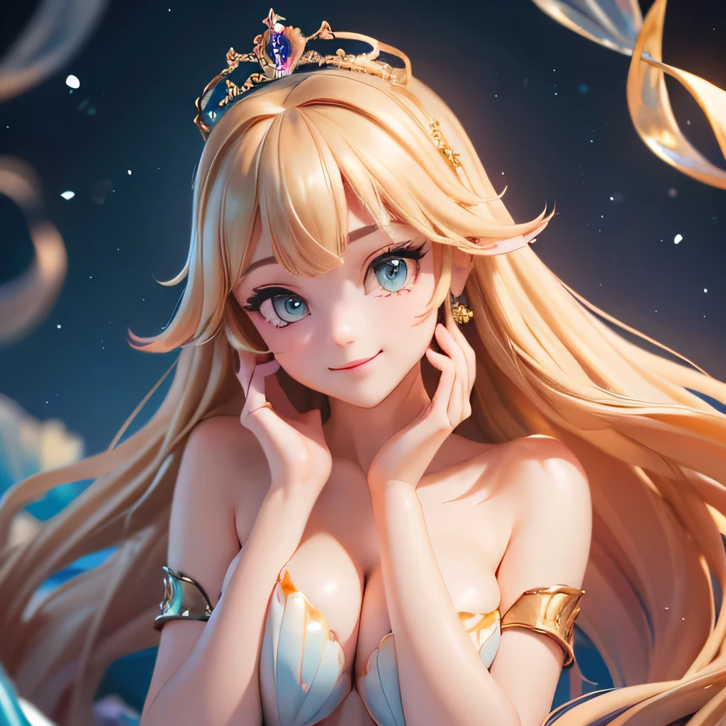 ((masterpiece,best quality,ultra-delicate,Perfect Face,16k,high resolution,very beautiful girl)),gold Long hair,mermaid,blue scales,large breasts,Seashell bra,Princess Tiara,Pearl decoration,jewel decorations,Undersea background,under the water,smile