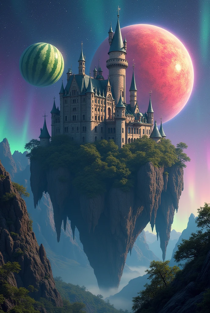 [Subject: Hyper-realistic 4K photo of a medieval castle floating in space, surrounded by fruit-shaped planets and illuminated by constellations and northern lights.]

Description: A fairy-tale-like medieval castle with tall spires and weathered stone walls floats in space. The castle features intricate carvings and moss-covered stones. Surrounding it are surreal planets: a massive watermelon, a glowing orange, and a cluster of giant grapes, all orbiting nearby. The backdrop is filled with vibrant constellations and swirling northern lights.

Camera: Wide-angle shot capturing the castle, fruit planets, and the illuminated space environment.

Style: Surrealism, fantasy realism, photorealism in 4K resolution.
