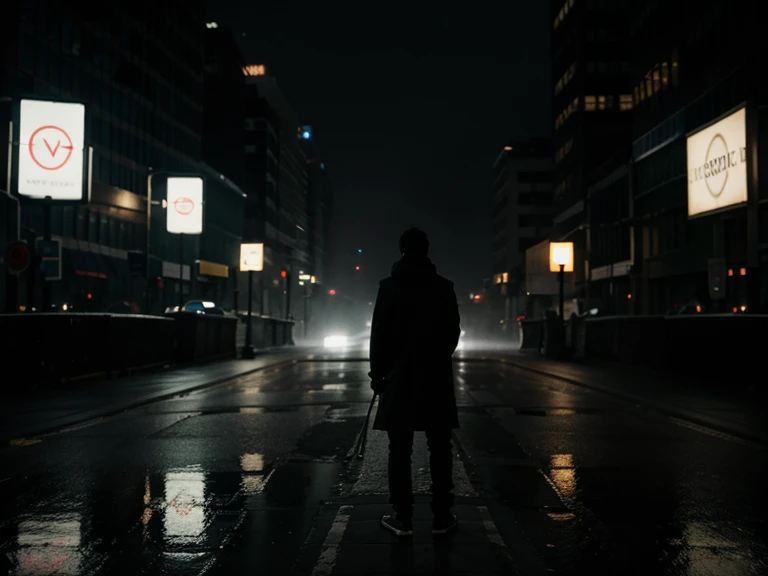 Depict a person standing at a crossroads in a dimly lit city, surrounded by towering buildings. The path ahead is foggy, symbolizing uncertainty and the struggle of making life-changing decisions.