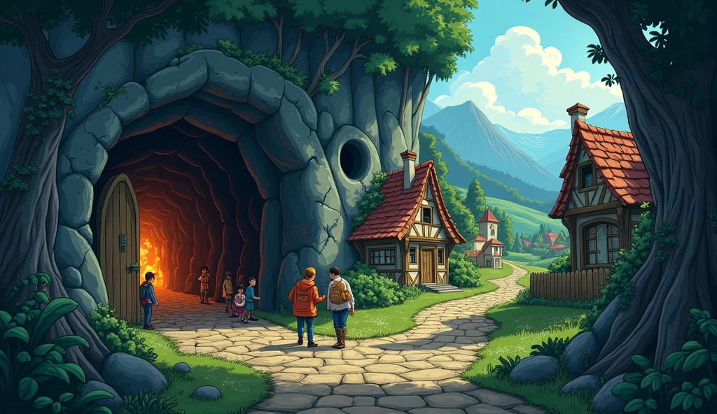 Horror and treasure Cave in a village cartoon pic
