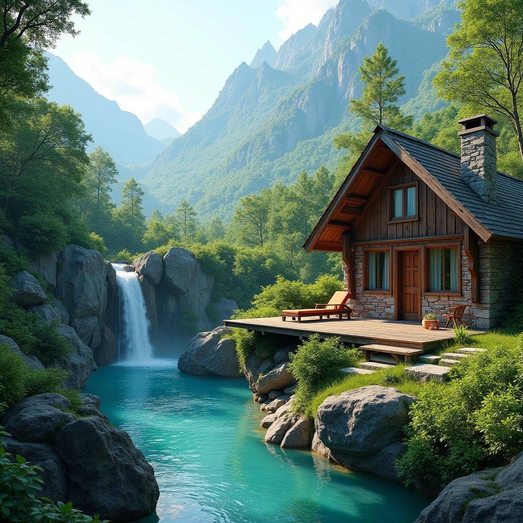 The image is a beautiful landscape of a wooden cabin in a mountainous area. The cabin is made of wood and has a sloping roof and a chimney on the right side. It is surrounded by lush greenery and trees. In front of the cabin, there is a small waterfall cascading down a rocky cliff. The water is a vibrant turquoise color and there are two lounge chairs on the deck overlooking the waterfall. The sky is blue with white clouds and the mountains in the background are covered in green trees. The overall mood of the image is peaceful and serene.
