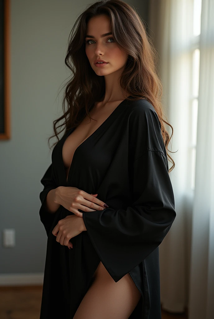 Hot russian girl with long brunette hair wearing a black kimono, standing in a room, arching her back accentuating her beautiful curves and bright image spreaded over legs white girl hot ass and breast, side view