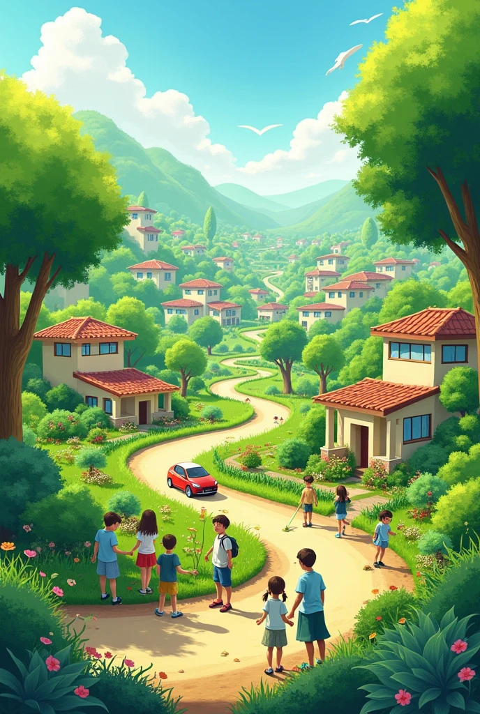Make a landscape art on the topic " future we want clean and green" make it like one child have make . Add people planting plants house's. One car with hand cleaning the road