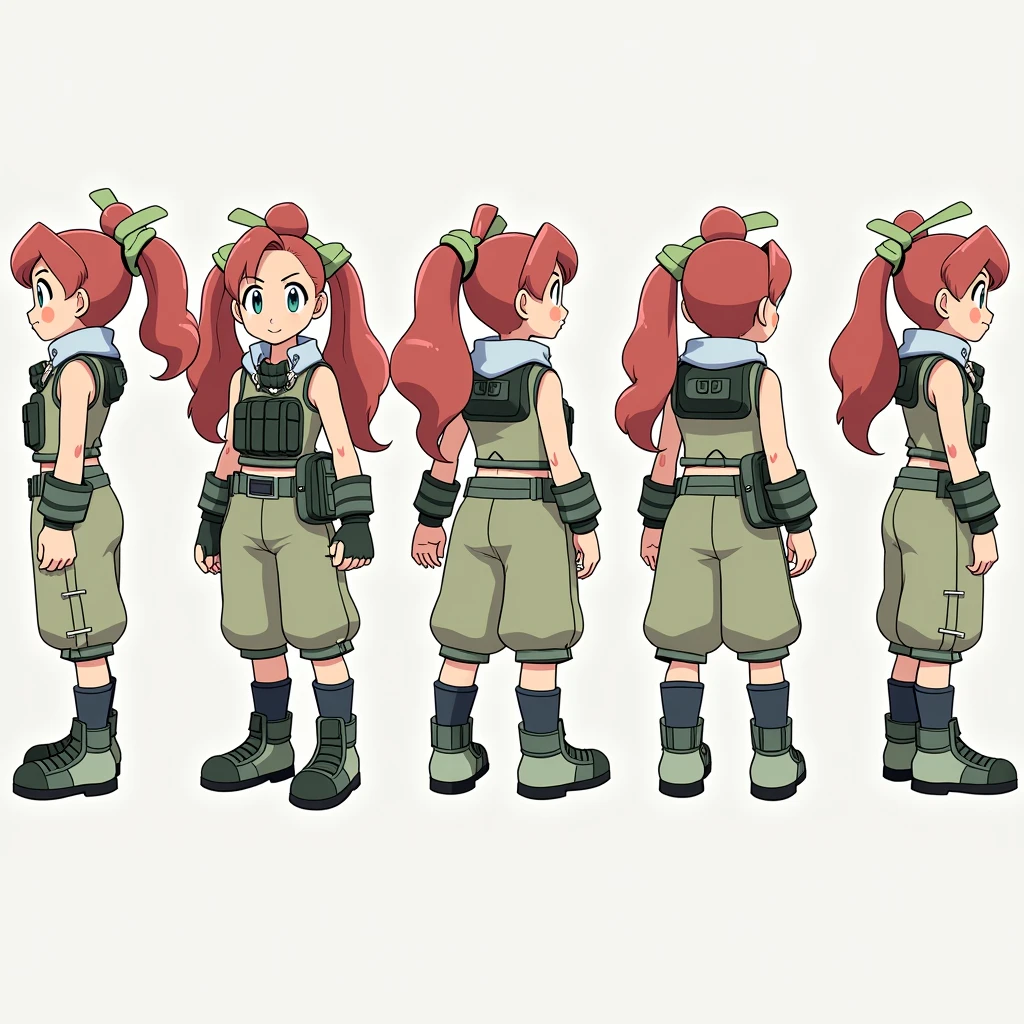 Sonia,pokemon,Standing Girl, cute, 1 girl, , 4-sided design, Diagonals, front, back, profile, Head to body ratio 5, character sheet, whole body, simple background, Four perspectives, tactical gear, bulletproof vest, Good quality, high detail, researcher,Pokemon bowser,ultra detailed, masterpiece, best quality, aesthetic, detailed