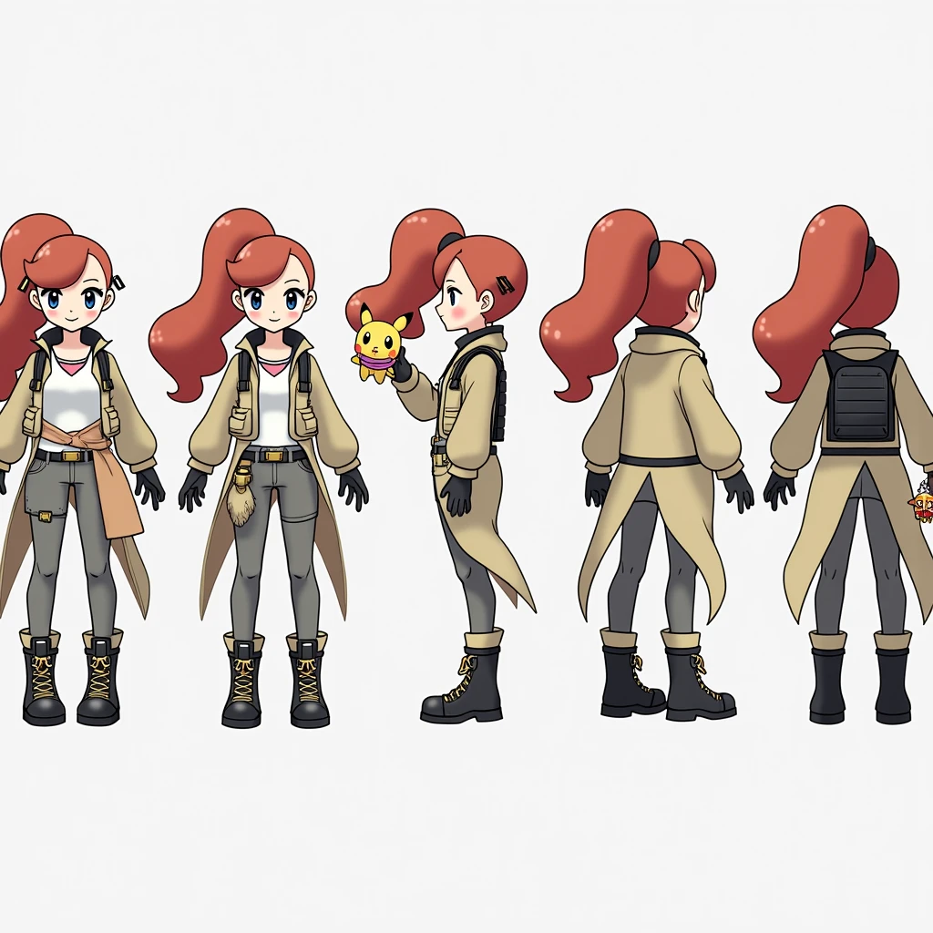 Sonia,pokemon,Standing Girl, cute, 1 girl, , 4-sided design, Diagonals, front, back, profile, Head to body ratio 5, character sheet, whole body, simple background, Four perspectives, tactical gear, bulletproof vest, Good quality, high detail, researcher,Pokemon bowser,ultra detailed, masterpiece, best quality, aesthetic, detailed