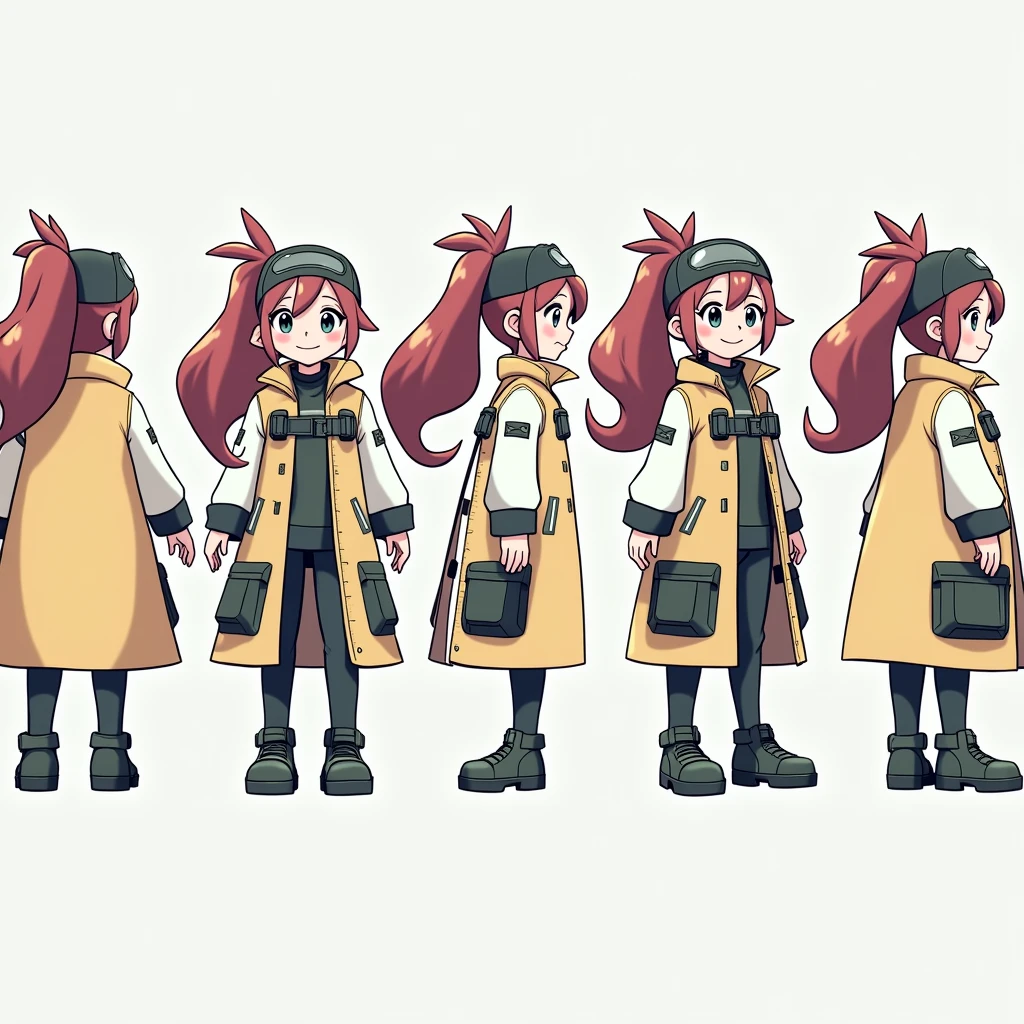 Sonia,pokemon,Standing Girl, cute, 1 girl, , 4-sided design, Diagonals, front, back, profile, Head to body ratio 5, character sheet, whole body, simple background, Four perspectives, tactical gear, bulletproof vest, Good quality, high detail, researcher,Pokemon bowser,ultra detailed, masterpiece, best quality, aesthetic, detailed