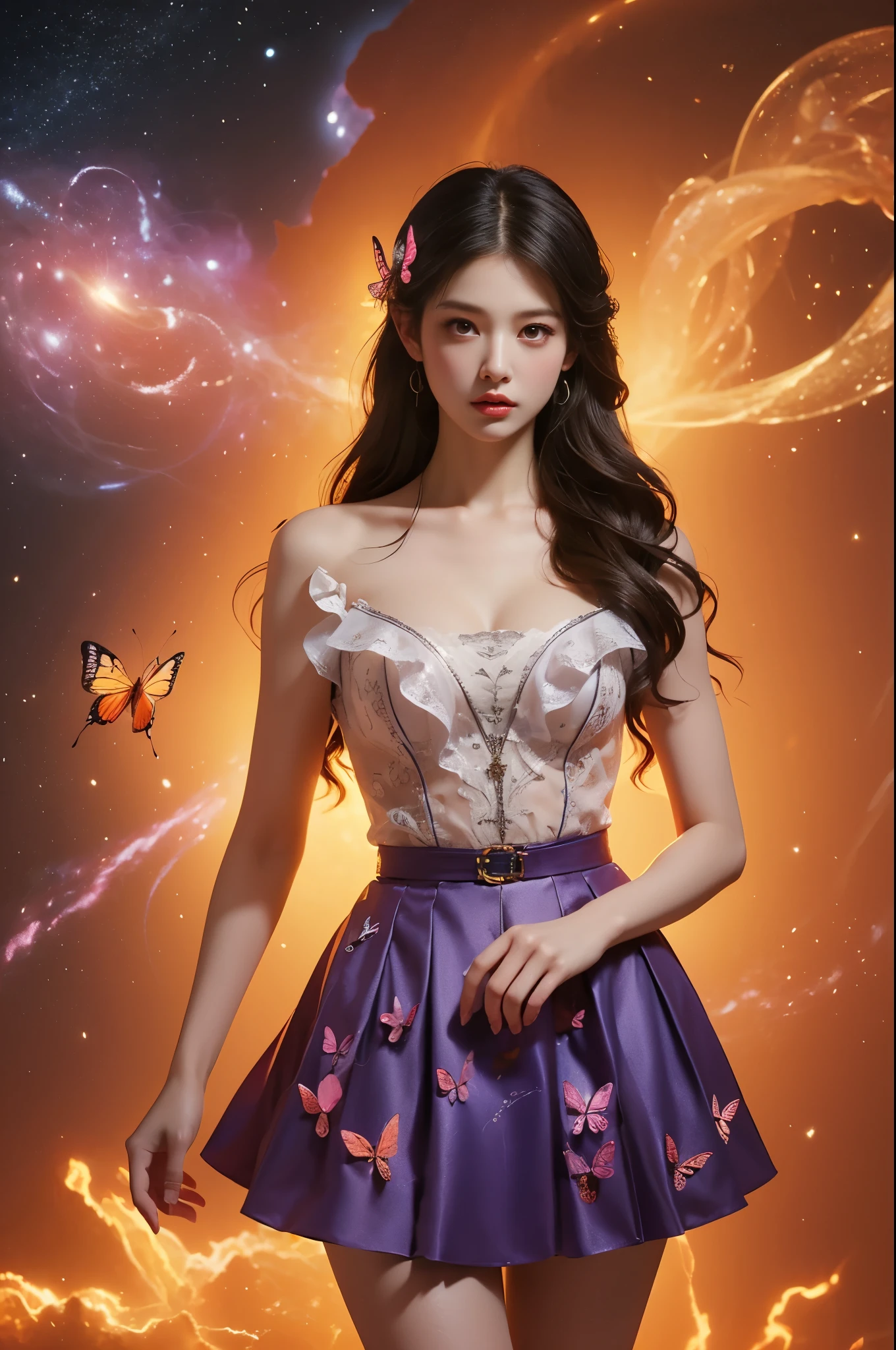 Beautiful dance pose, She gently lifted her skirt with one hand,头发周围有白色的Butterfly兰，Lilac dendrobium、White Lily, Long legs , Deep in Wonderland, ((Flowing long hair))Official Art , Unity8k Wallpaper , Extremely detailed , Visible cleavage, Pretty and beautiful , 性感Long legs, masterpiece , best quality ,Practical, Very detailed illustrations ,Extremely detailed , Intricate details , Extremely complex and detailed , Very detailed 8KCG wallpaper , Caustics .reflection , Ray Tracing , Devil theme ,nebula ,Dark aura, Network Effects , (1 girl)solitary , 小蓝Butterfly , (Blue plasma flame , (insect , Butterfly)) Pastel tones in Rococo style ,Light white and light dark red , Incredibly beautiful , Cherry blossoms , Surrealism ,painting , Ethereal , Mixing reality and fantasy elements ,Ray Tracing , Complex Mode , Exquisite lines , Perfect your hands, Starry Sky , Colorful , Star