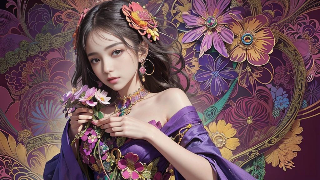 32K, 最高quality, 最高masterpiece, ((1 personの少女)), (masterpiece, 最高quality, 最高quality, Official Art, Beautiful and aesthetic: 1.2), High resolution, Super detailed, Very detailedな, 1 personの, (bouquet:1.3), (1 Flower), Upper body, Very detailedな, (Fractal Art: 1.3), colorful, Most detailed, (Earrings Flower:1.5), Purple-red pale background, It's imaginative., (Tangled:1.2), (Geometric:1.2),(colorful),(masterpiece, quality, best quality, Official Art, Beautiful and beautiful:1.2), (1 person:1.3), Very detailed,(colorful:1.1)(Flowers:1.3),Most detailed,(Tangled:1.2), whole body, (Abstract background:1.3), (Skin glows), (Many colors:1.4),