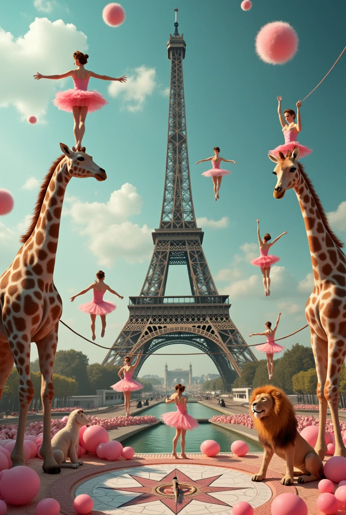 Cotton candy clowns, compass ballerinas, giraffes on trapeze, Eiffel Tower ballerinas, and lion tightrope walkers, Surreal Scene