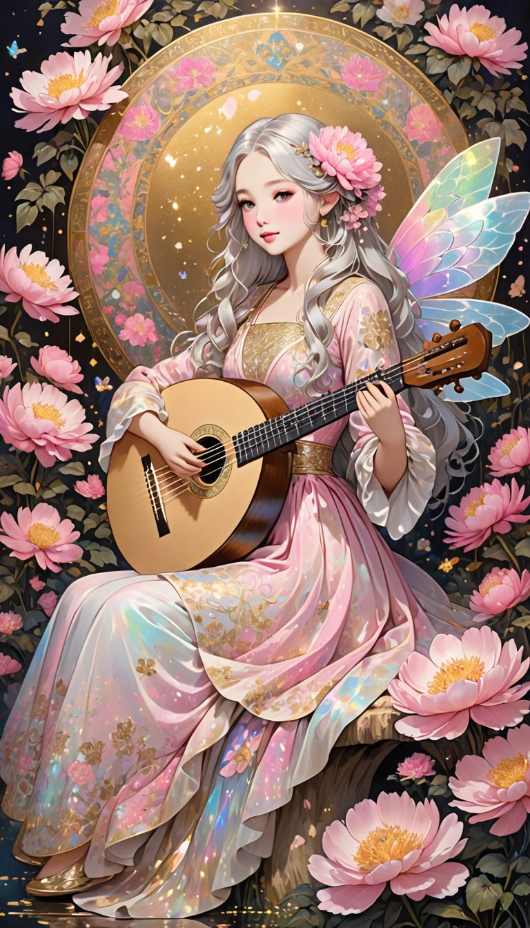 A stunning girl with long, wavy light silver hair sitting in a dress is detailed with intricate patterns in white, pink, and gold, giving her a traditional or folkloric appearance, holding a lute like an angle. Surround the figure with glittery pink and gold peonies, against a contrasting background that includes musical notes and a subtle gothic touch. Also, create a fantasy scene featuring a fairy with iridescent wings, resting on a large mushroom. The fairy should have delicate features, with flowers adorning her hair and a dress that blends into the pastel colors. Add multicolored sparkles in the background.