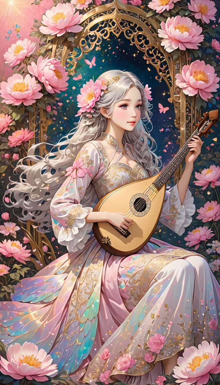 A stunning girl with long, wavy light silver hair sitting in a dress is detailed with intricate patterns in white, pink, and gold, giving her a traditional or folkloric appearance, holding a lute like an angle. Surround the figure with glittery pink and gold peonies, against a contrasting background that includes musical notes and a subtle gothic touch. Also, create a fantasy scene featuring a fairy with iridescent wings, resting on a large mushroom. The fairy should have delicate features, with flowers adorning her hair and a dress that blends into the pastel colors. Add multicolored sparkles in the background.