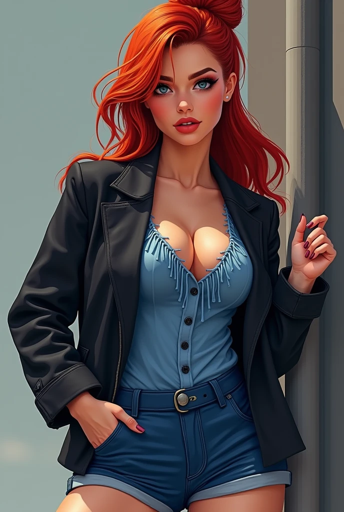 Redhead Woman with Big hips, blue shorts, black jacket and blue shirt with fringe ponytail