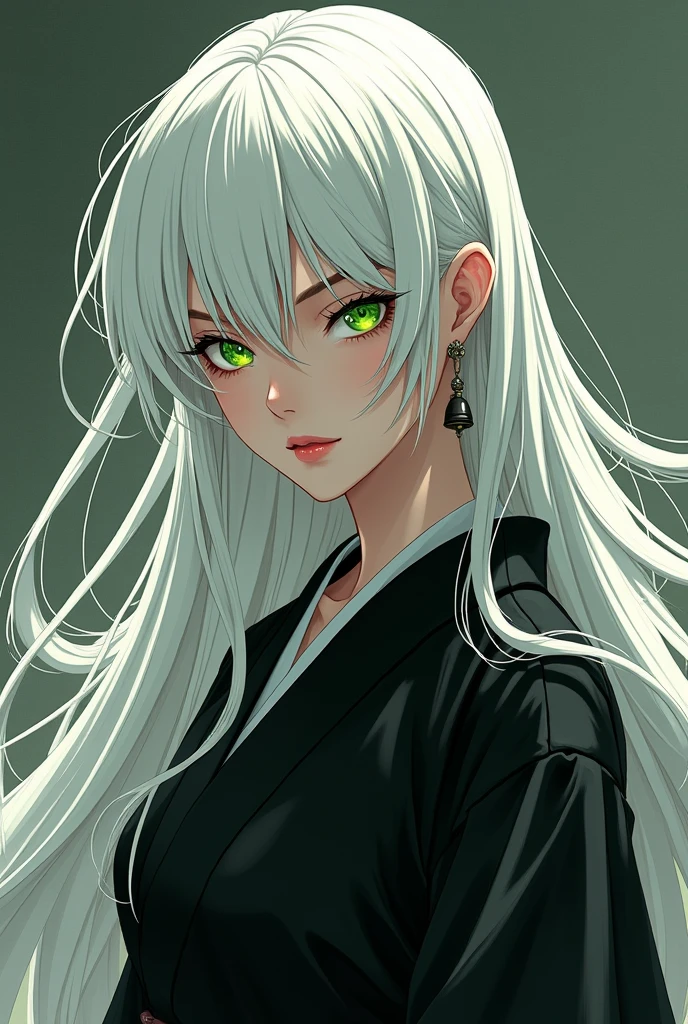 Adult manga woman long white hair with a long bell earring, green eyes dressed in black kimono badass