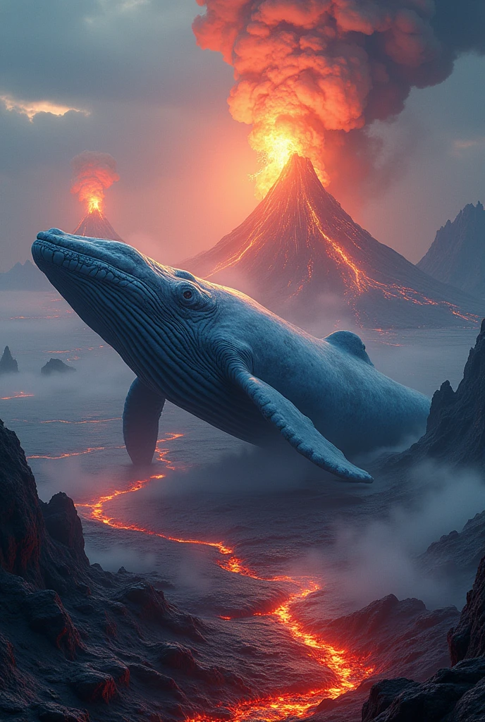 [Subject: Hyper-realistic 4K photo of a giant whale swimming in a lava ocean with floating ice islands and erupting volcanoes in the sky.]

Description: A massive blue whale glides through a fiery ocean of molten lava. Above the lava's surface, crystalline ice islands float, untouched by the heat. The sky is dominated by erupting volcanoes, their explosions painting the sky with brilliant colors.

Camera: Wide-angle shot capturing the whale in the lava ocean, the serene ice islands, and the dramatic, fiery sky.

Style: Surrealism, fantasy realism, photorealism in 4K resolution.

