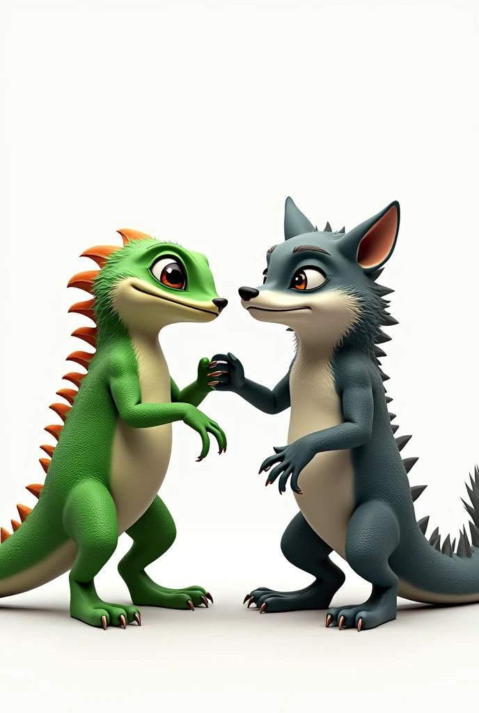 A lizard and a wolf giving a little punch , 4k hd , white background , with him with expressions, that they are cool , the lizard is green , the half-cool wolf