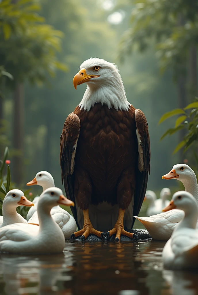 Eagle live in a duck farm like a duck