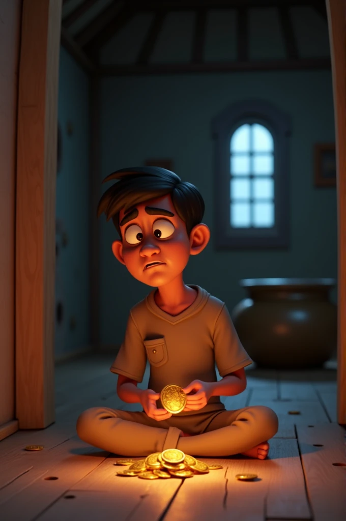 Incinematic 3D cartoon."Anxiety with the Treasure: Show Ramlaal sitting inside his modest home, holding a gold coin, but with a worried expression on his face. The pot of gold is hidden in a corner of the room. The scene should capture the tension and unease, with dim lighting to emphasize his inner turmoil."