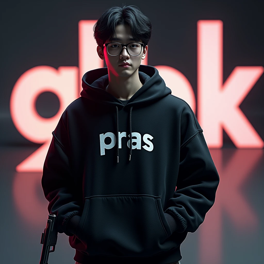 Create a character hoodie, {{background: large text “GLBK”}},
realistic, HDR, use glasses, handsome korean style, full body, use pistol, age 20, hoodie HD text: “PRAS”