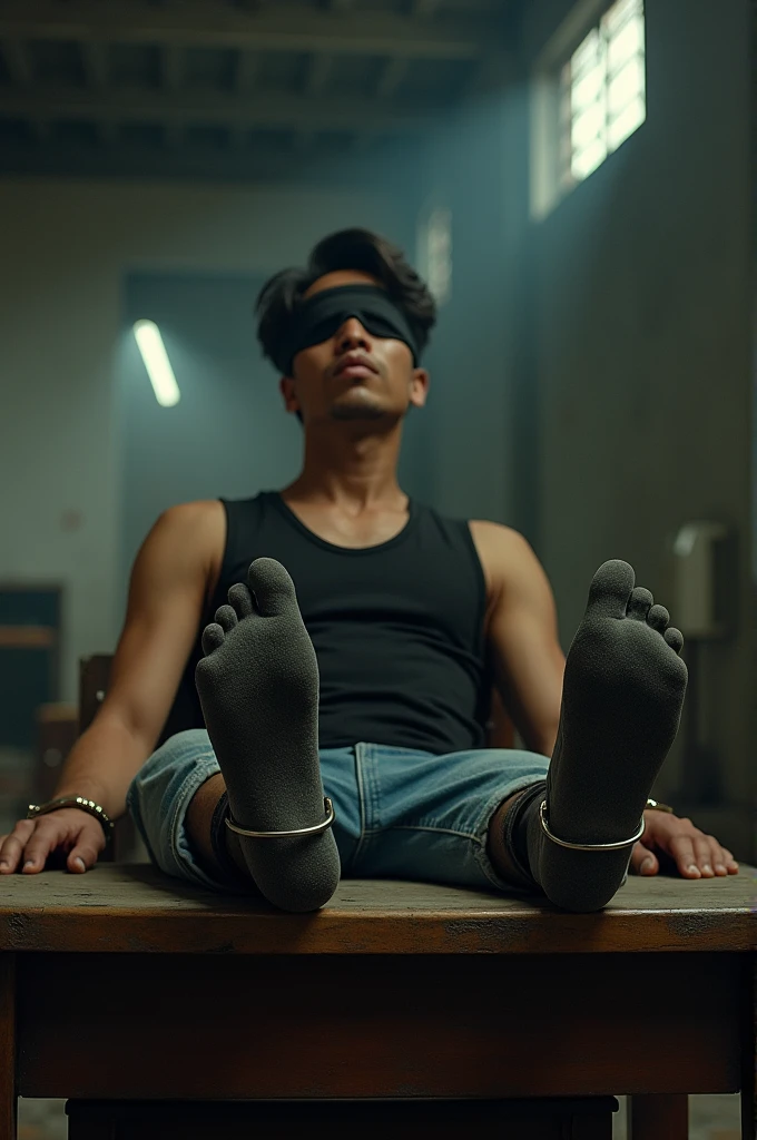 Malaysia malay handsome 21 years motocycle rider
His  hand get handcuff  
in  abondon warehouse 
Blindfolded
Black vest
Focus feet on desk
shoes on desk 
5 toes each feet 
Grey  smelly sock
2 man holding feather duster tickling his soles
He laugh very hard