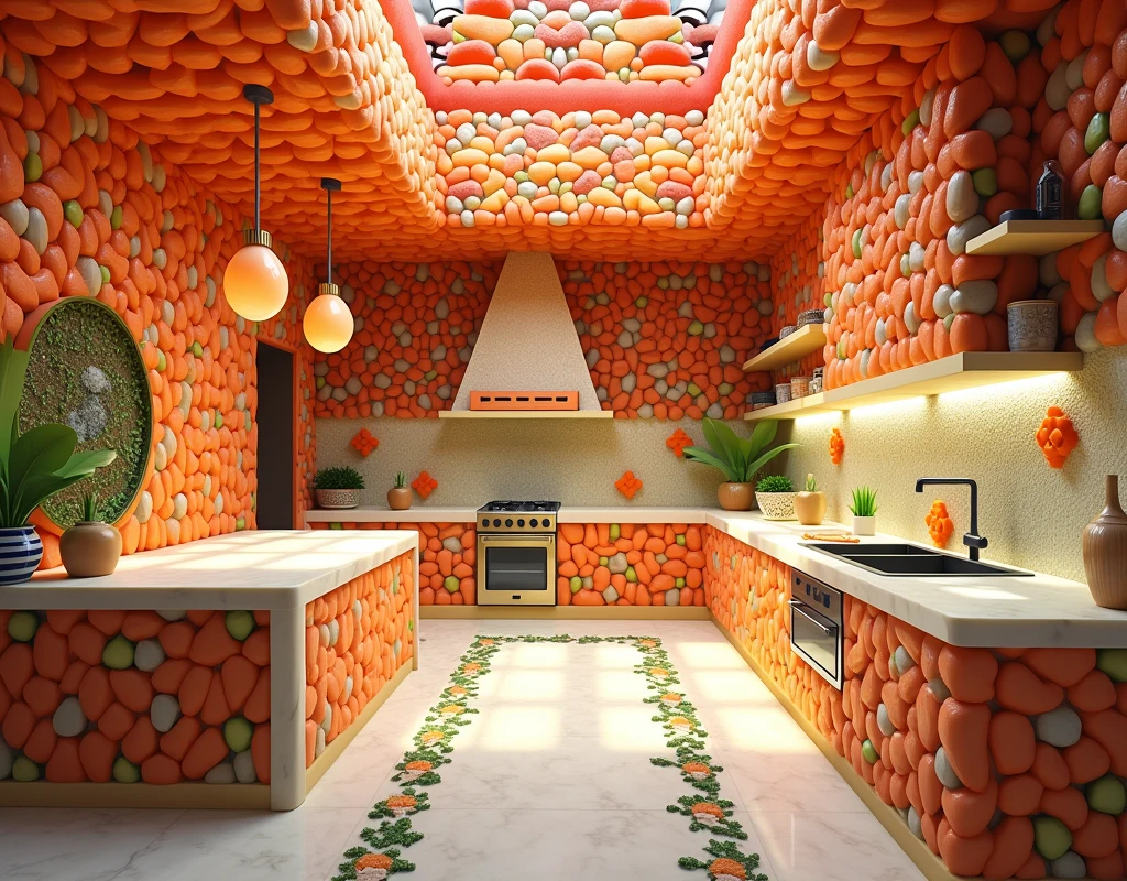 "Imagine a surreal kitchen where every element is meticulously crafted from sushi pieces. The walls are built from layers of neatly arranged sushi rolls, with vibrant cross-sections of tuna, avocado, and cucumber creating a colorful mosaic. The countertops are composed of long, flat slabs of pressed rice, perfectly shaped to form a seamless, polished surface resembling marble.
The cabinets and drawers are crafted from sturdy maki rolls, with handles fashioned from tightly rolled nori (seaweed). The kitchen island stands out as a large block of tamago (sweet omelette) sushi, with a surface made from an even layer of rice, and topped with a glossy sheet of soy sauce-infused nori.
The sink is a carved-out piece of nigiri, with a faucet designed from a twisted roll of cucumber and rice, drizzling a continuous stream of clear soy sauce. Above, the stovetop is made from circular sushi pieces arranged in a grid pattern, with burners resembling slightly charred, crispy rice.
The oven is formed from a larger, thicker sushi roll, with a door made from a translucent slice of fish, allowing a soft glow from the interior. The refrigerator, towering in the corner, is constructed from stacked sushi rolls, its door a thick layer of tamago sushi that opens to reveal a colorful array of sashimi and nigiri pieces stored inside.
The flooring is a smooth surface of tightly packed sushi rice, with decorative pathways outlined in nori. A sushi chandelier hangs above, made from interlocking pieces of sashimi and glowing orbs of rice, casting a warm, inviting light across the room.
This sushi kitchen is a culinary and architectural masterpiece, blending the art of sushi-making with innovative design to create a functional and visually stunning space."
