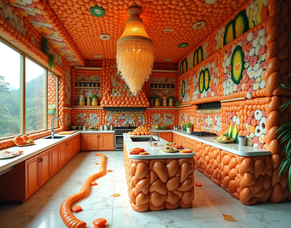 "Imagine a surreal kitchen where every element is meticulously crafted from sushi pieces. The walls are built from layers of neatly arranged sushi rolls, with vibrant cross-sections of tuna, avocado, and cucumber creating a colorful mosaic. The countertops are composed of long, flat slabs of pressed rice, perfectly shaped to form a seamless, polished surface resembling marble.

The cabinets and drawers are crafted from sturdy maki rolls, with handles fashioned from tightly rolled nori (seaweed). The kitchen island stands out as a large block of tamago (sweet omelette) sushi, with a surface made from an even layer of rice, and topped with a glossy sheet of soy sauce-infused nori.

The sink is a carved-out piece of nigiri, with a faucet designed from a twisted roll of cucumber and rice, drizzling a continuous stream of clear soy sauce. Above, the stovetop is made from circular sushi pieces arranged in a grid pattern, with burners resembling slightly charred, crispy rice.

The oven is formed from a larger, thicker sushi roll, with a door made from a translucent slice of fish, allowing a soft glow from the interior. The refrigerator, towering in the corner, is constructed from stacked sushi rolls, its door a thick layer of tamago sushi that opens to reveal a colorful array of sashimi and nigiri pieces stored inside.

The flooring is a smooth surface of tightly packed sushi rice, with decorative pathways outlined in nori. A sushi chandelier hangs above, made from interlocking pieces of sashimi and glowing orbs of rice, casting a warm, inviting light across the room.

This sushi kitchen is a culinary and architectural masterpiece, blending the art of sushi-making with innovative design to create a functional and visually stunning space."