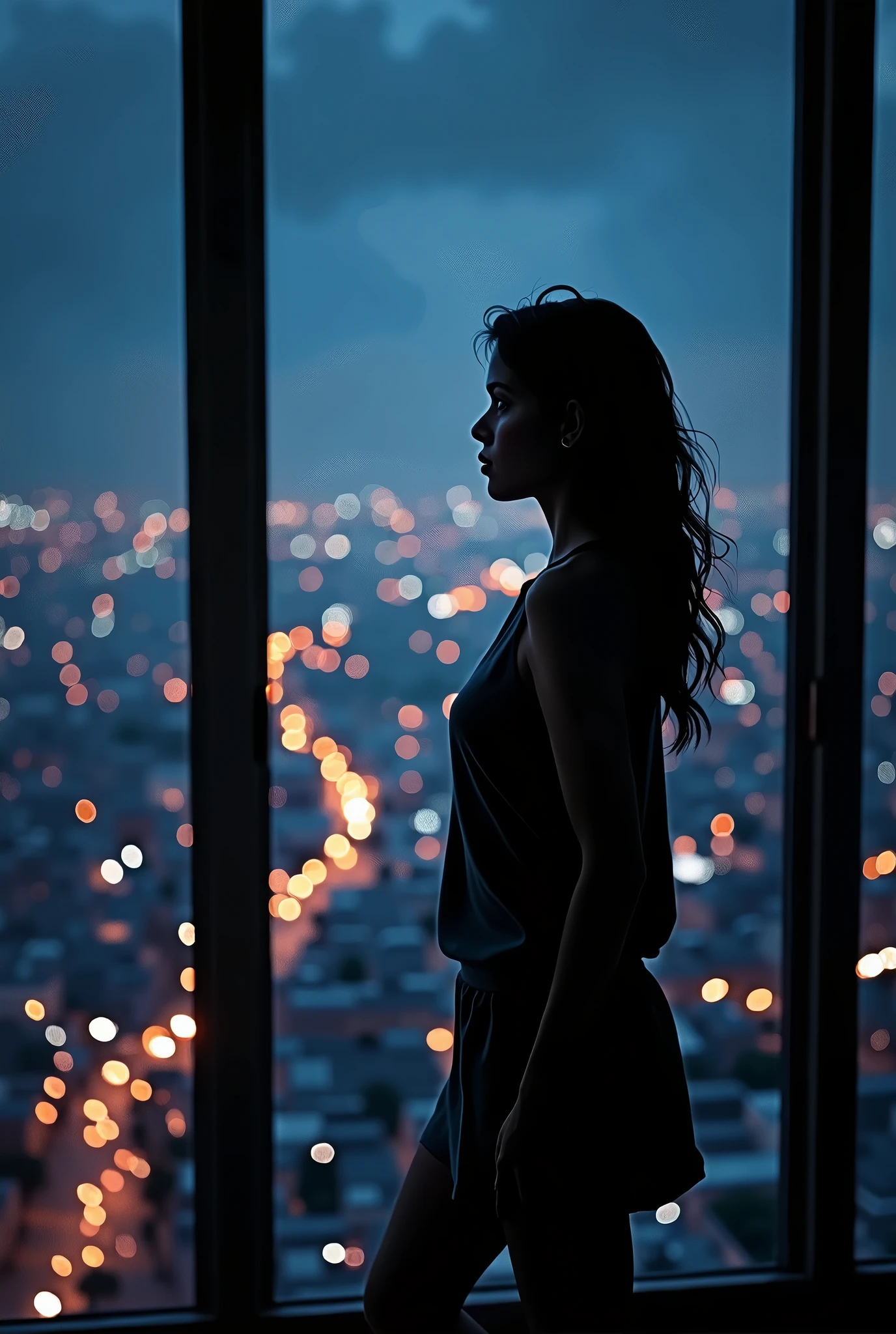 A woman is looking down at the night view from a large window high up in a building.。The woman is like a silhouette, and the view of the town below is a beautiful night view.。