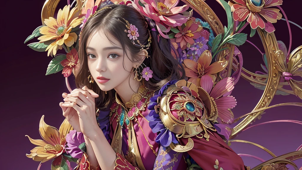 32K, 最高quality, 最高masterpiece, ((1 personの少女)), (masterpiece, 最高quality, 最高quality, Official Art, Beautiful and aesthetic: 1.2), High resolution, Super detailed, Very detailedな, 1 personの, (bouquet:1.3), (1 Flower), Upper body, Very detailedな, (Fractal Art: 1.3), colorful, Most detailed, (Earrings Flower:1.5), Purple-red pale background, It's imaginative., (Tangled:1.2), (Geometric:1.2),(colorful),(masterpiece, quality, best quality, Official Art, Beautiful and beautiful:1.2), (1 person:1.3), Very detailed,(colorful:1.1)(Flowers:1.3),Most detailed,(Tangled:1.2), whole body, (Abstract background:1.3), (Skin glows), (Many colors:1.4),