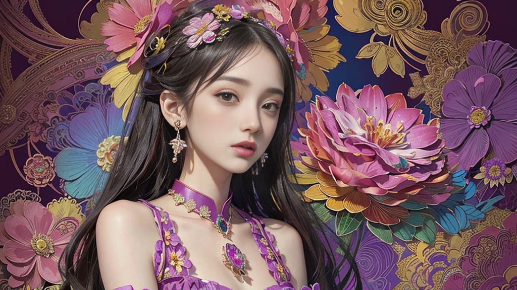 32K, 最高quality, 最高masterpiece, ((1 personの少女)), (masterpiece, 最高quality, 最高quality, Official Art, Beautiful and aesthetic: 1.2), High resolution, Super detailed, Very detailedな, 1 personの, (bouquet:1.3), (1 Flower), Upper body, Very detailedな, (Fractal Art: 1.3), colorful, Most detailed, (Earrings Flower:1.5), Purple-red pale background, It's imaginative., (Tangled:1.2), (Geometric:1.2),(colorful),(masterpiece, quality, best quality, Official Art, Beautiful and beautiful:1.2), (1 person:1.3), Very detailed,(colorful:1.1)(Flowers:1.3),Most detailed,(Tangled:1.2), whole body, (Abstract background:1.3), (Skin glows), (Many colors:1.4),