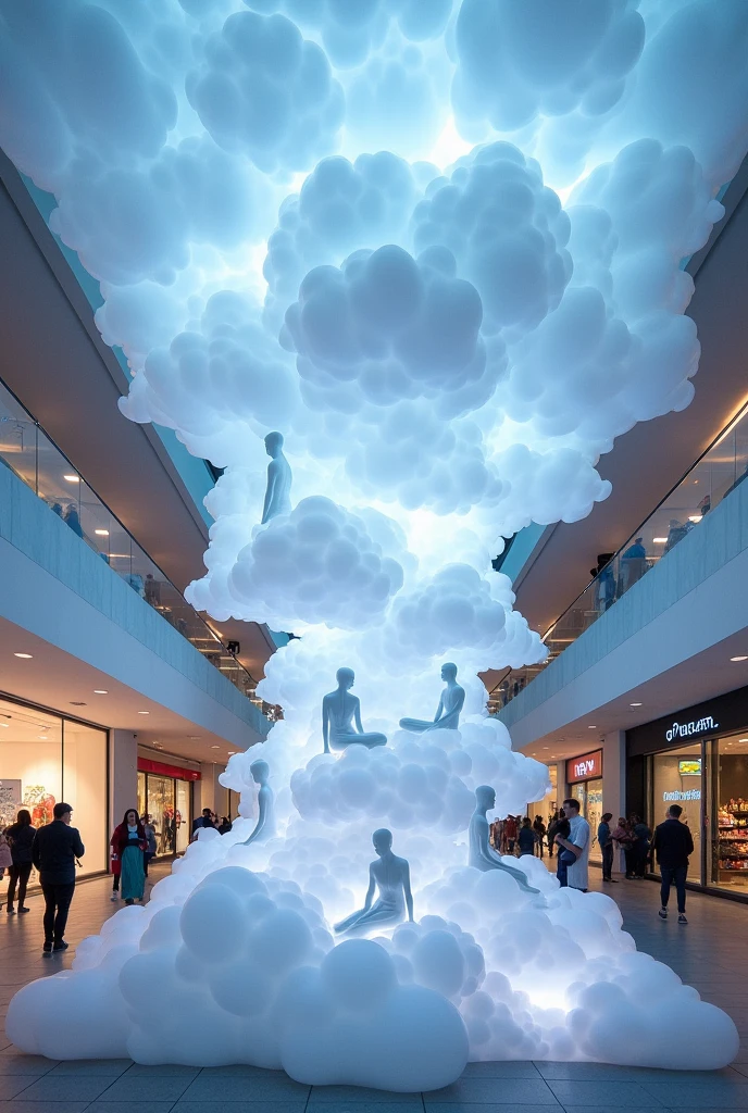 Hundreds of transparent acrylic cloud installations are arranged in an orderly manner, 5 meters high and 40 meters long. The overall clouds can be roughly divided into three layers. The first layer is small, the second layer is large, and the third layer is the largest. Hidden in the middle are transparent acrylic figures with different sitting postures. When the lights are on, the clouds take on the color of the sky. What is needed is an outdoor art installation placed in the middle of the shopping mall with an interactive feel.