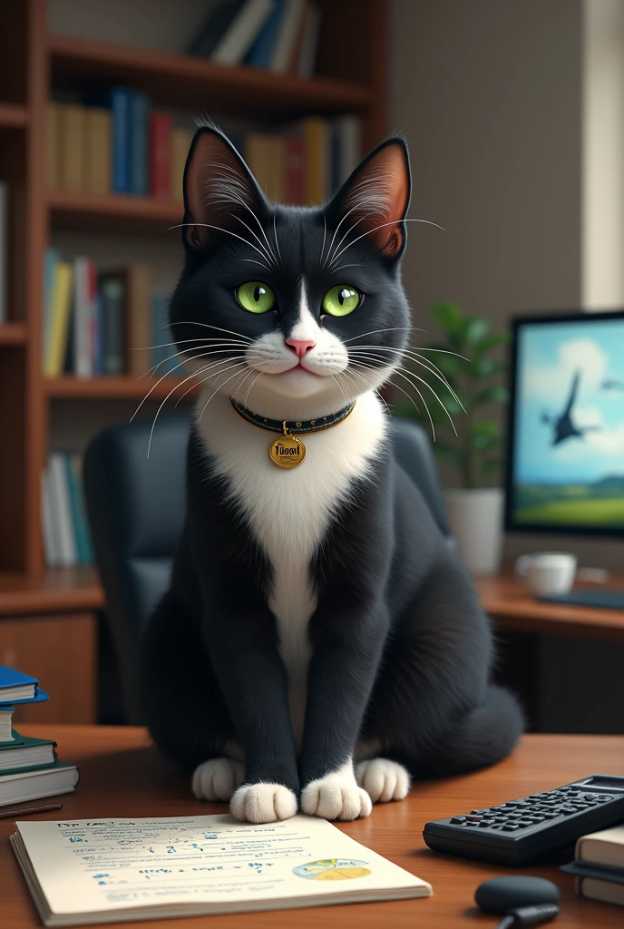 Un chat tuxedo aux yeux verts avec un collier où il est écrit Tybalt. En train de faire des calculs dans un bureau. En version réaliste.