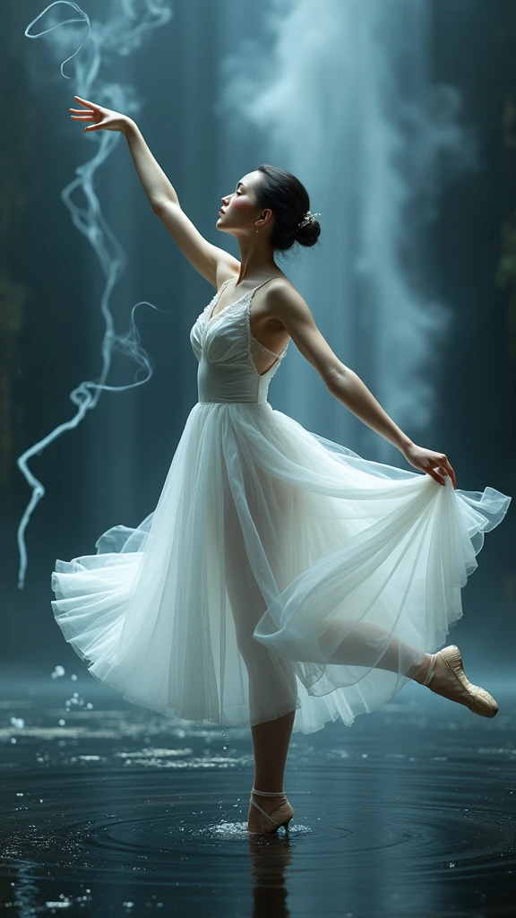 arafed woman in a white dress and ballet shoes posing for a picture, ballerina, pointe pose, ballet dancer, dressed as a ballerina, pointè pose, ballet style pose, ballet pose, tendu pose, ballet, prima ballerina, wearing a tutu, playful pose of a dancer, classic dancer striking a pose, portrait of a ballerina, anna nikonova, high quality, (RAW photo, best quality), (realistic, photorealistic: 1.4), (extremely delicate and beautiful: 1.4), amazing, fine details, masterpiece, ultra detailed, high resolution, best illustration, best shadow, intricate, ( extremely intricate: 1.2), (exquisitely detailed skin), cinematic light, perfect anatomy, (cool color: 1.4), sharp focus, 8k UHD, DSLR, (Fujifilm XT3),(iluminación cinematográfica :1.4), (partículas flotantes, agua mágica:1.4), (fondo agua lago río hielo congelado :1.4), (fondo colored glass background blue :1.4), (white smoke spiral in a black reflective waters:1.4),( Red Glitter), (SDS_Particle_Flow) ,(mostrando panties lingerie :1.4), (rodeado de agua element holas de mar:1.4)