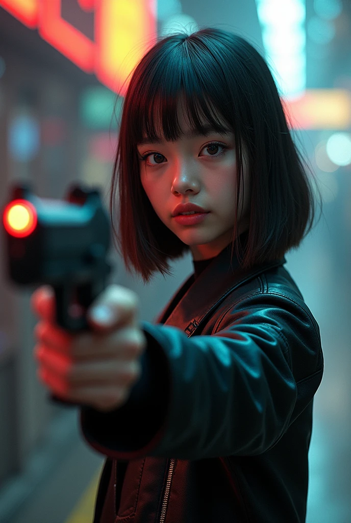 Captured from a high-angle, eye-level perspective, a medium-sized girl, dressed in a black leather jacket, holds a futuristic blaster handgun in her right hand. Her left hand is raised in the air, while her right arm rests on her hip. Her right arm is draped over her shoulder, adding a pop of color to the scene. The girl's hair is a dark brown, with bangs, and she's looking off to the side. Her eyes are a piercing blue, and her lips are a lighter shade of brown. Her hair is styled in a bob, with a slight smile on her face. The backdrop is blurred in the background there is 3D text that reads "Star Wars Outlaws" in the background at the top of the picture, creating a stark contrast to the girl. Star Wars Movie Style Science Fiction, Futurism, retina, masterpiece, accurate, anatomically correct, textured skin, super detail, best quality, award winning, highres, 4K, 8k, 16k