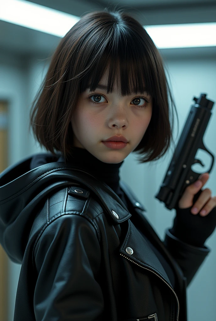 Captured from a high-angle, eye-level perspective, a medium-sized girl, dressed in a black leather jacket, holds a futuristic blaster handgun in her right hand. Her left hand is raised in the air, while her right arm rests on her hip. Her right arm is draped over her shoulder, adding a pop of color to the scene. The girl's hair is a dark brown, with bangs, and she's looking off to the side. Her eyes are a piercing blue, and her lips are a lighter shade of brown. Her hair is styled in a bob, with a slight smile on her face. The backdrop is blurred in the background there is 3D text that reads "Star Wars Outlaws" in the background at the top of the picture, creating a stark contrast to the girl. Star Wars Movie Style Science Fiction, Futurism, retina, masterpiece, accurate, anatomically correct, textured skin, super detail, best quality, award winning, highres, 4K, 8k, 16k