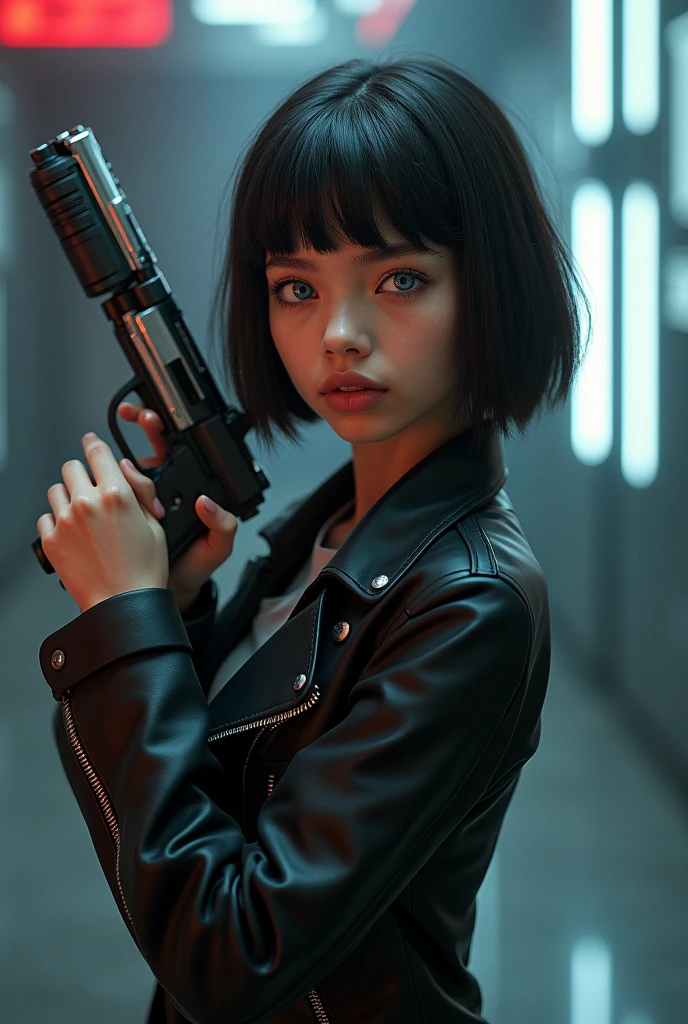 Captured from a high-angle, eye-level perspective, a medium-sized girl, dressed in a black leather jacket, holds a futuristic blaster handgun in her right hand. Her left hand is raised in the air, while her right arm rests on her hip. Her right arm is draped over her shoulder, adding a pop of color to the scene. The girl's hair is a dark brown, with bangs, and she's looking off to the side. Her eyes are a piercing blue, and her lips are a lighter shade of brown. Her hair is styled in a bob, with a slight smile on her face. The backdrop is blurred in the background there is 3D text that reads "Star Wars Outlaws" in the background at the top of the picture, creating a stark contrast to the girl. Star Wars Movie Style Science Fiction, Futurism, retina, masterpiece, accurate, anatomically correct, textured skin, super detail, best quality, award winning, highres, 4K, 8k, 16k