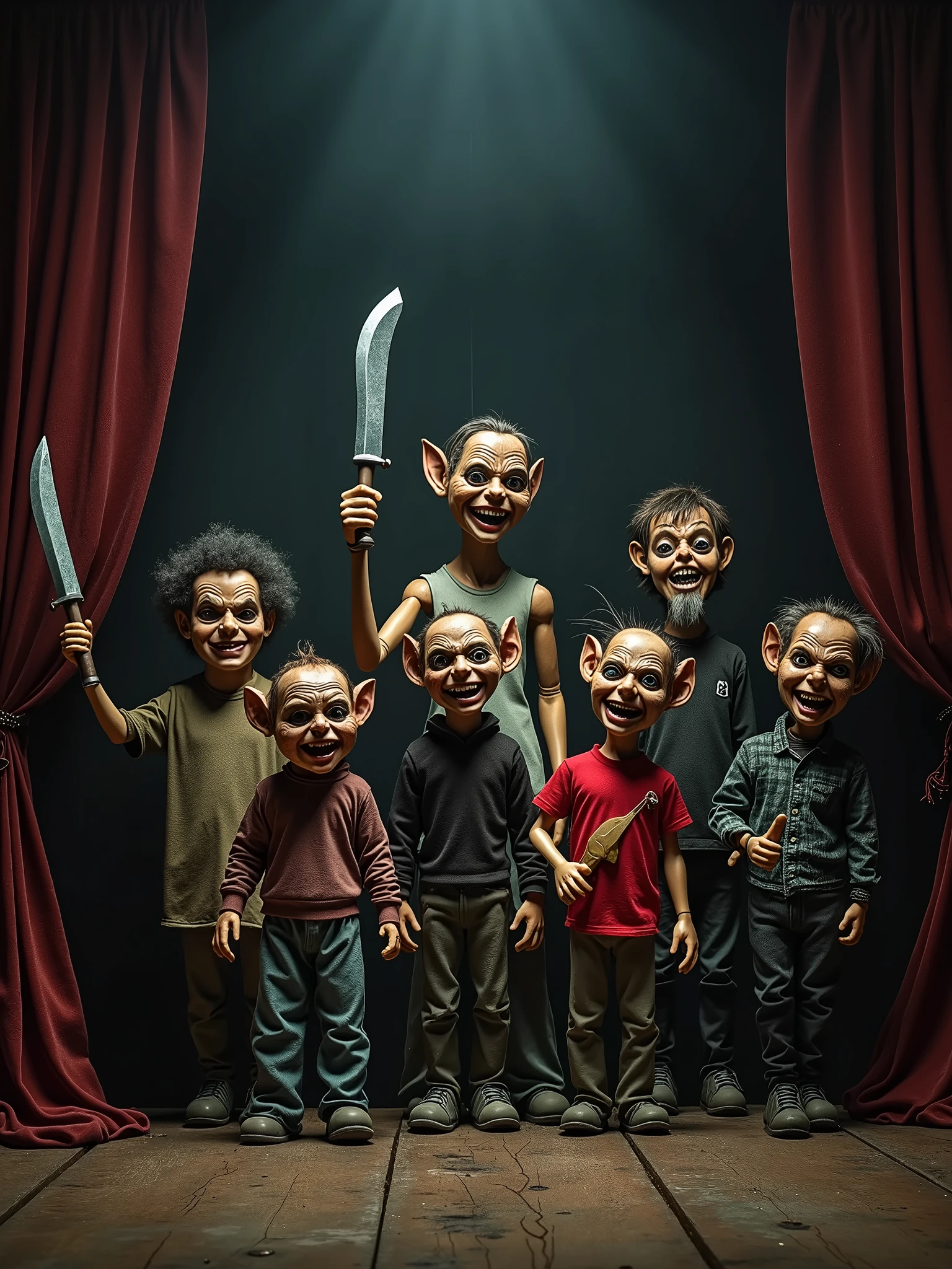 A photo of a dark horror theater with puppets and action figures from 1983. There are several puppets with demonic features, each holding a weapon. The puppets are arranged on a stage. The background contains a curtain and a few props. The lighting is dim.