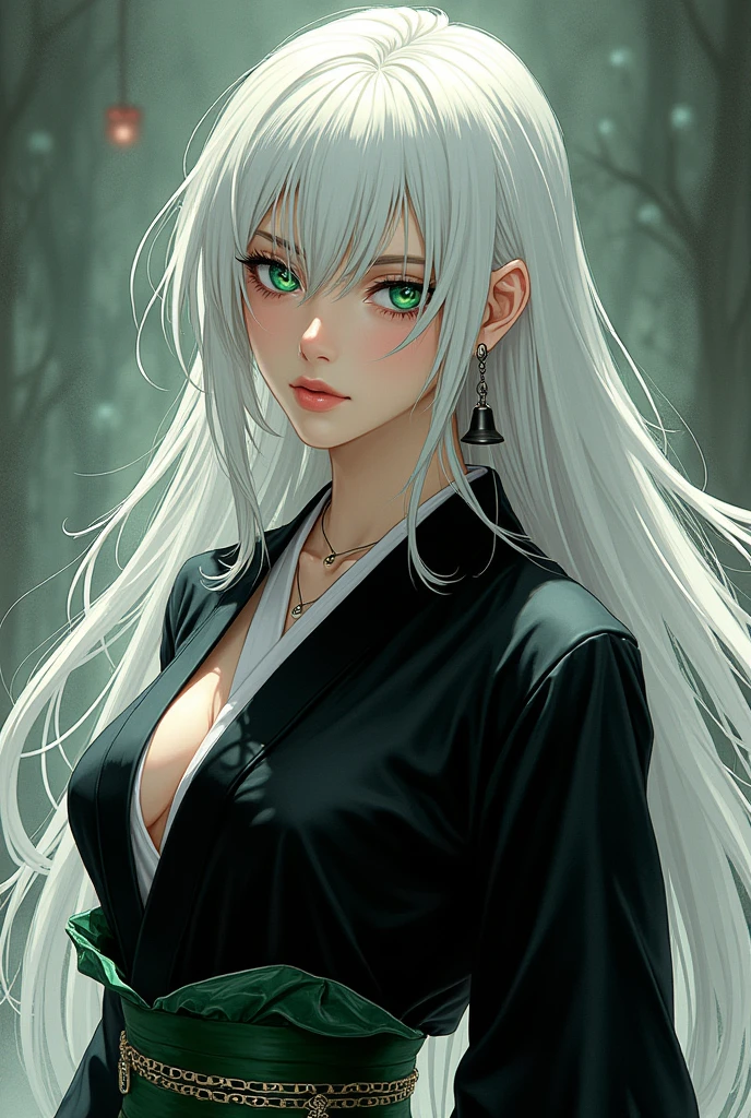 Adult manga woman long white hair with a long bell earring, green eyes dressed in black kimono badass