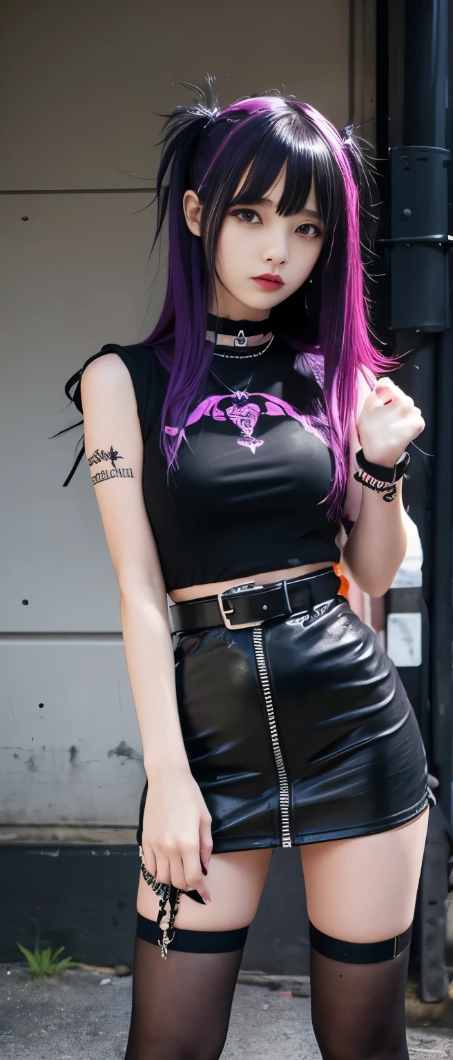 A pure punk idol girl、whole body、Good style、、、、、、、、、、Thick legs、、、Dark purple and fluorescent red punk tight dress、Neat and clean girl's face、、Long Black Hair、、Glowing garbage dump、Skull belt、Punk Shirt