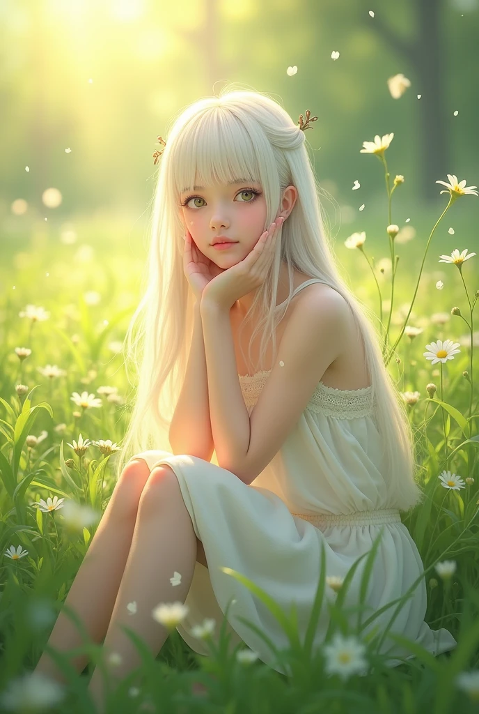 (masterpiece, best quality),1girl with long white hair sitting in a field of green plants and flowers, her hand under her chin, warm lighting, white dress, blurry foreground