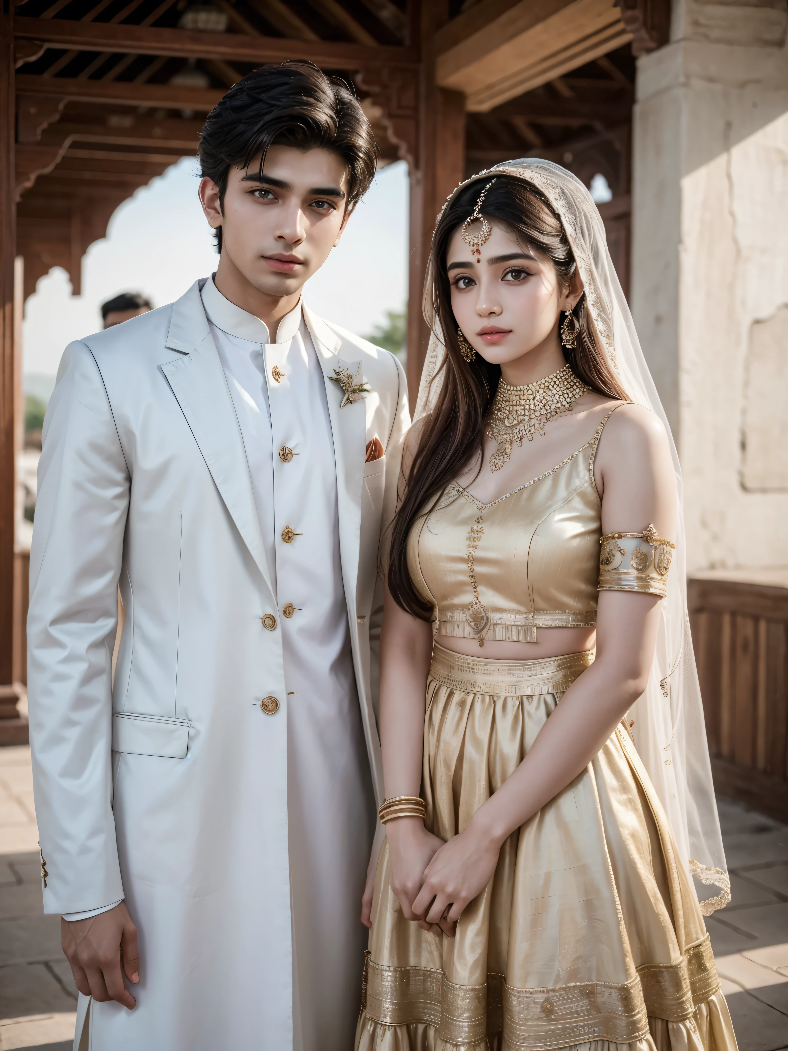 Beautiful handsome Pakistani boy and cute beautiful Indian girl stand together, both in traditional clothes, white skins, islamic background, at the wedding, both are 20 years old, wide photography, realistic and real, 4k