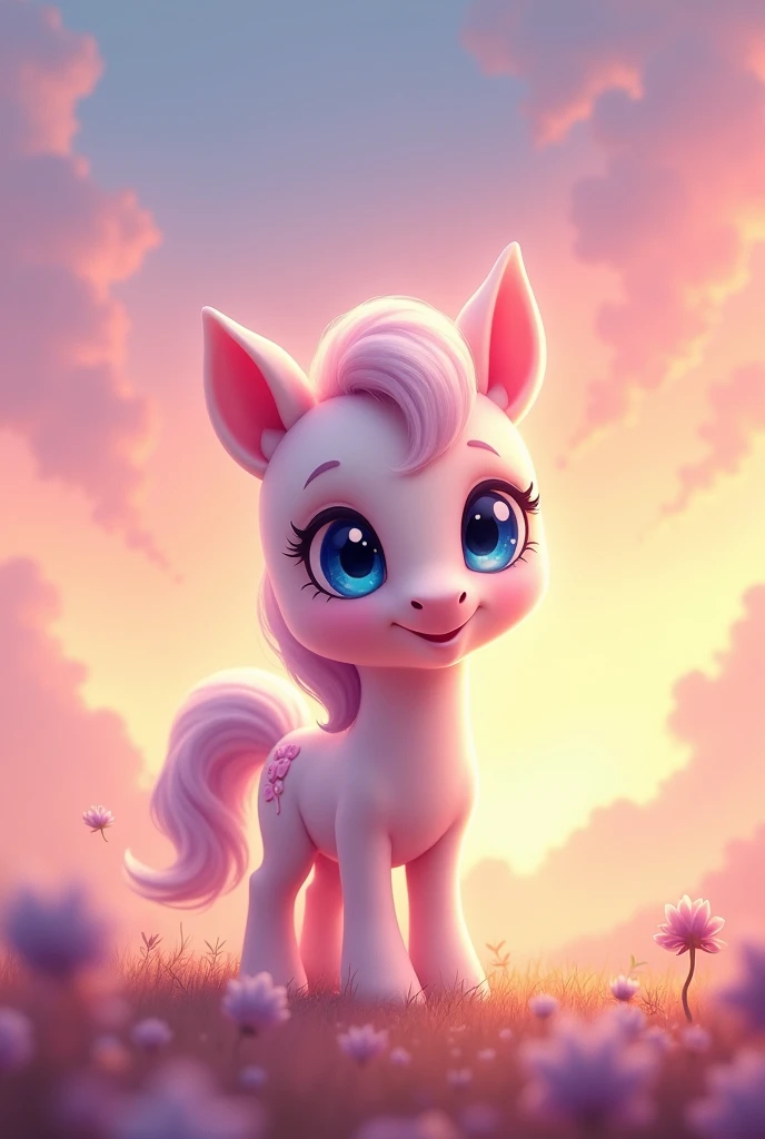 Cute pony with blue eyes on a pink and orange sky