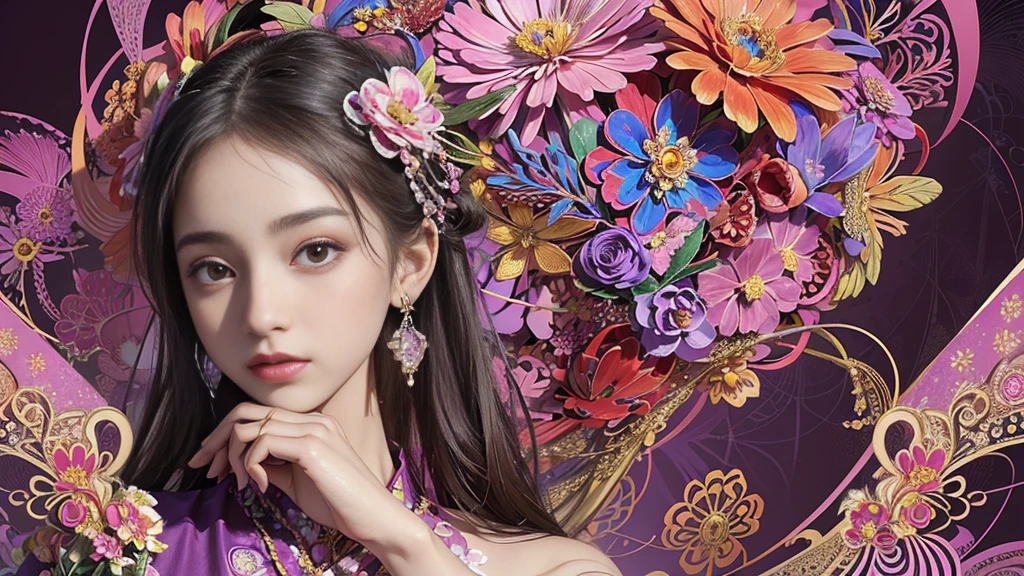 32K, 最高quality, 最高masterpiece, ((1 personの少女)), (masterpiece, 最高quality, 最高quality, Official Art, Beautiful and aesthetic: 1.2), High resolution, Super detailed, Very detailedな, 1 personの, (bouquet:1.3), (1 Flower), Upper body, Very detailedな, (Fractal Art: 1.3), colorful, Most detailed, (Earrings Flower:1.5), Purple-red pale background, It's imaginative., (Tangled:1.2), (Geometric:1.2),(colorful),(masterpiece, quality, best quality, Official Art, Beautiful and beautiful:1.2), (1 person:1.3), Very detailed,(colorful:1.1)(Flowers:1.3),Most detailed,(Tangled:1.2), whole body, (Abstract background:1.3), (Skin glows), (Many colors:1.4),