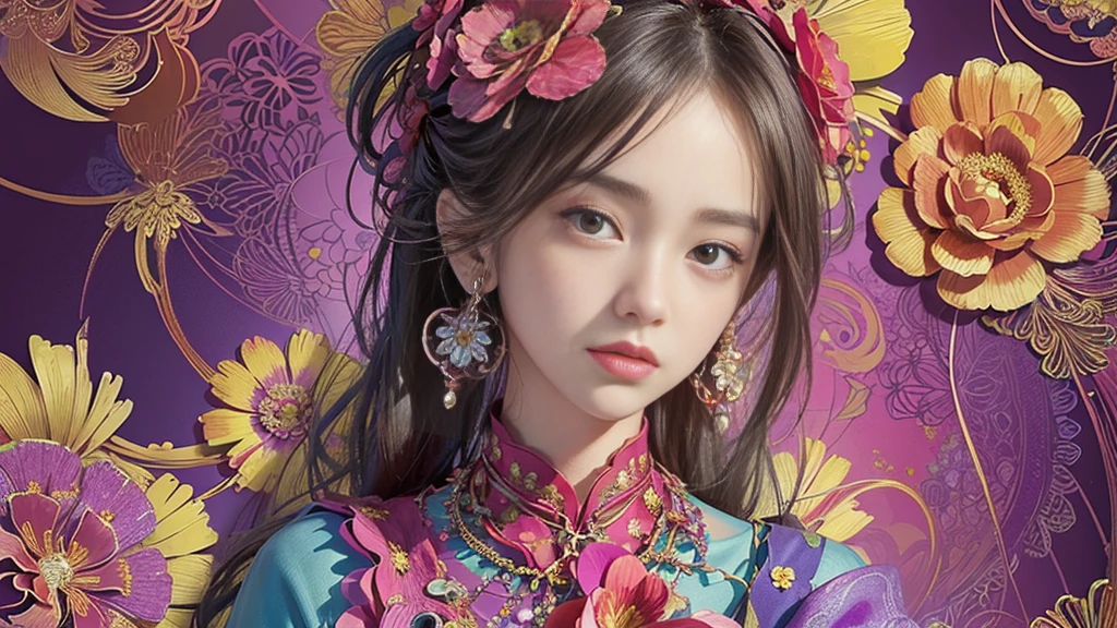 32K, 最高quality, 最高masterpiece, ((1 personの少女)), (masterpiece, 最高quality, 最高quality, Official Art, Beautiful and aesthetic: 1.2), High resolution, Super detailed, Very detailedな, 1 personの, (bouquet:1.3), (1 Flower), Upper body, Very detailedな, (Fractal Art: 1.3), colorful, Most detailed, (Earrings Flower:1.5), Purple-red pale background, It's imaginative., (Tangled:1.2), (Geometric:1.2),(colorful),(masterpiece, quality, best quality, Official Art, Beautiful and beautiful:1.2), (1 person:1.3), Very detailed,(colorful:1.1)(Flowers:1.3),Most detailed,(Tangled:1.2), whole body, (Abstract background:1.3), (Skin glows), (Many colors:1.4),