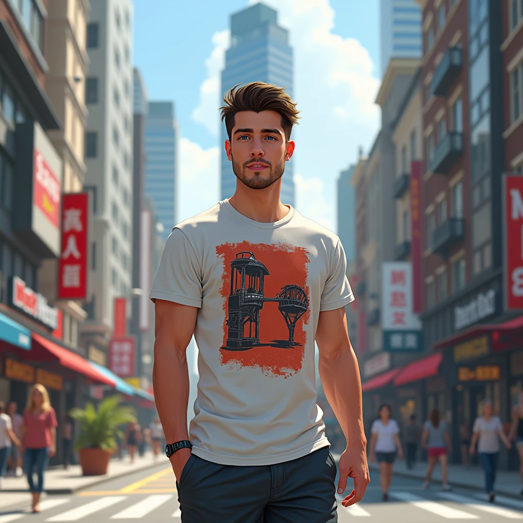 a man on street wearing t shirt