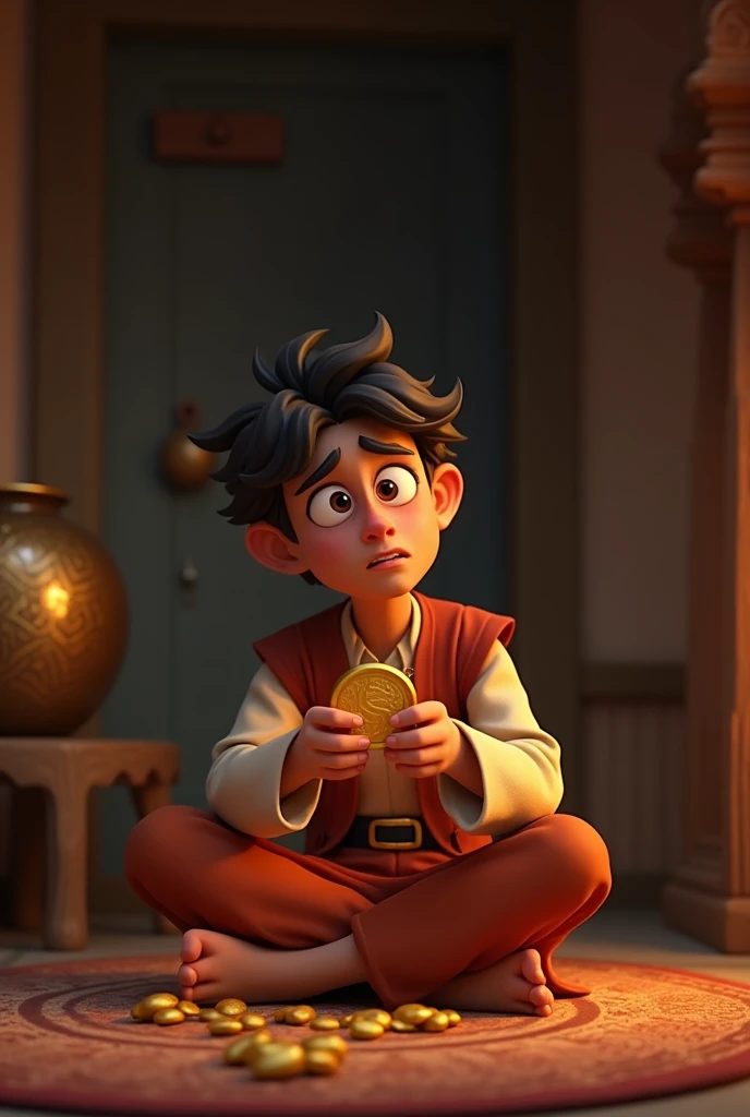 Incinematic 3D cartoon."Anxiety with the Treasure: Show Ramlaal sitting inside his modest home, holding a gold coin, but with a worried expression on his face. The pot of gold is hidden in a corner of the room. The scene should capture the tension and unease, with dim lighting to emphasize his inner turmoil."
