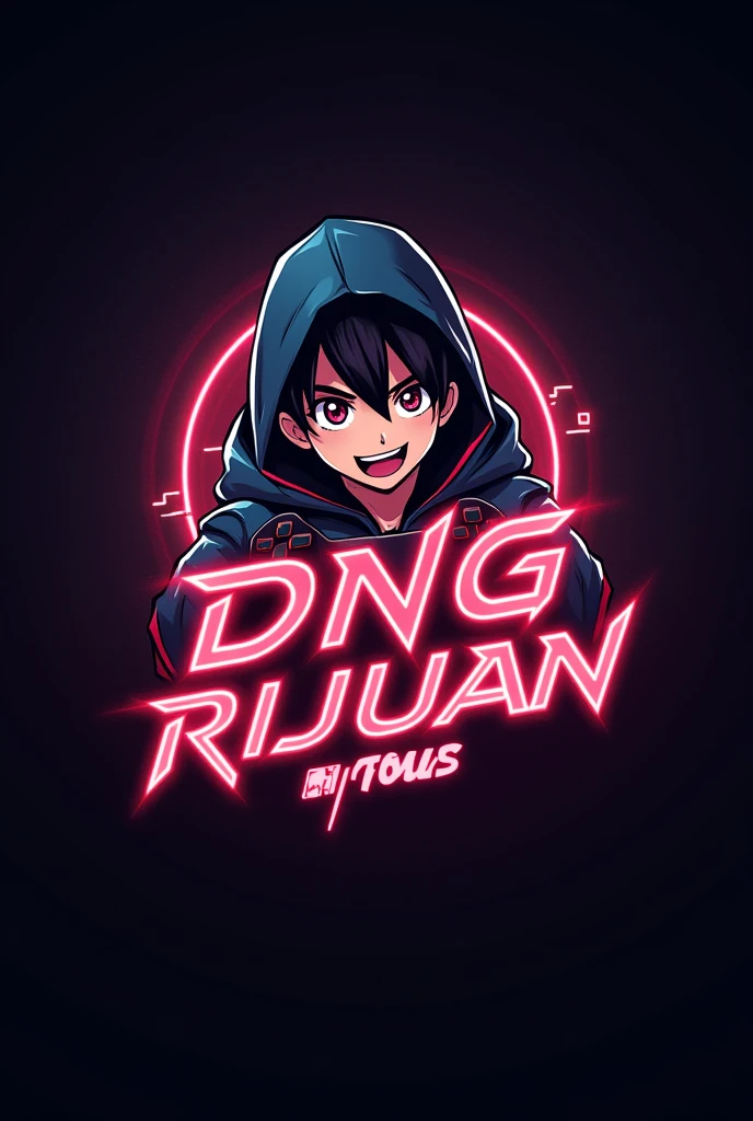 Prompts-this is a gaming logo that features tha name DNG Rijuan in a futuristic font and a neon red color. And boy anime avtar, the logo also has a stylized controller icon and a You Tube