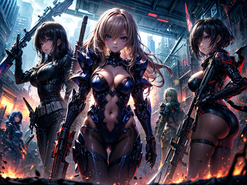 High resolution, Winner of numerous awards, Ultra high definition, Textured skin, Retina, 
masterpiece,(bestquality),highlydetailed,ultra-detailed,4girl, （Four gangster girls posing with weapons.:1.4）(gangsta paradise:1.2)（robot）(cybercitylandscape:1.2,natural lighting:1.5,confidentexpression),(Dramatic Angle:1.2),mecha, smile,angle、（Beautiful girls in mafia suits:1.2）(Point your weapon at me:1.6)(Thumbs up)