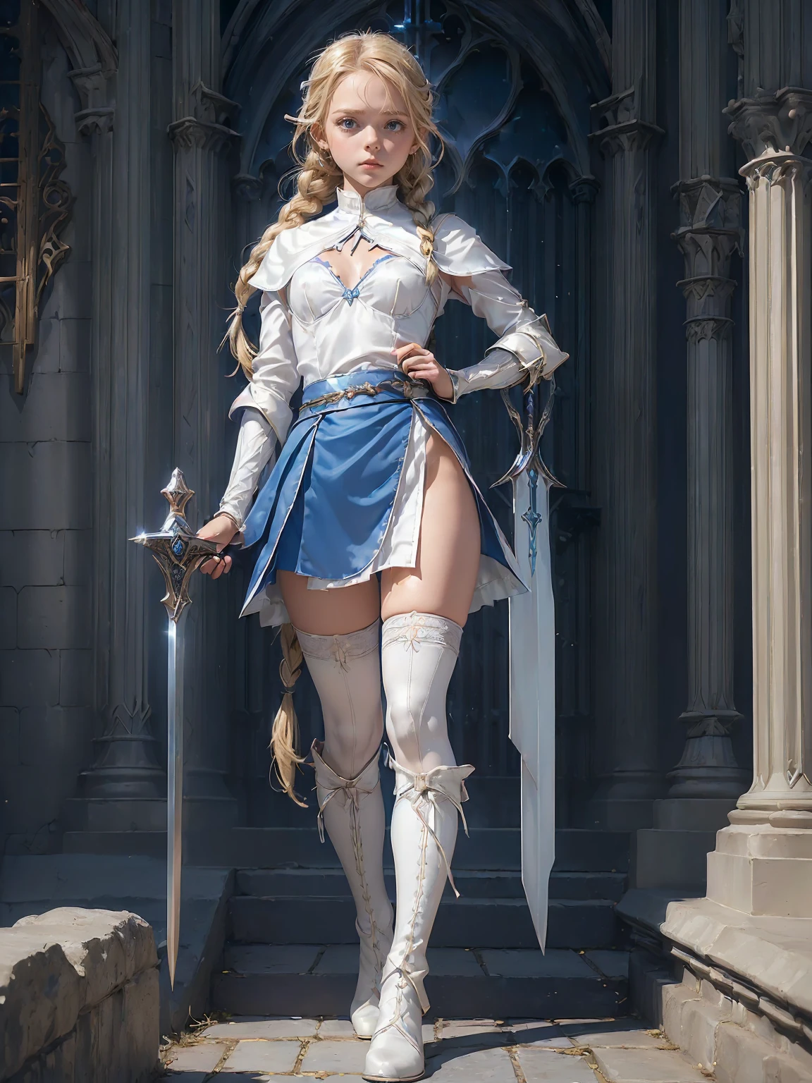 (((fantasy, cathedral:1.4))), (((midnight:1.4))), masterpiece, best quality, ultra-detailed, high resolution, extremely detailed cg, 8k, beautiful detailed eyes, depth of field, perfect anatomy, super detailed skin, cinematic lighting, dynamic lighting, anime picture, shiny hair and skin, detailed outfit, 【break】, ((cowboy shot, looking down , standing, zettai ryouiki,((A ung girl swordsman, holding a 1sword in one hand, stylish poes:1.3)), (((a 1girl is , child, little young girl age8, soro:1.6))), ((afterglow)), (((blonde hair, Braided hair:1.3))), (beautiful detailed blue eyes), white-skinned, (((child short stature, child body shape, young face, cute face, small breasts, slim:1.4))), , wizard, ((Pure white silk, white blouse:1.3)), ((blue mini skirtt, blue mantle:1.4)), ((White knee-high stockings:1.2)), ((white short boots)), ((
cleavage cutout, Breastplate of silver metal, light armor of silver metal:1.2)),