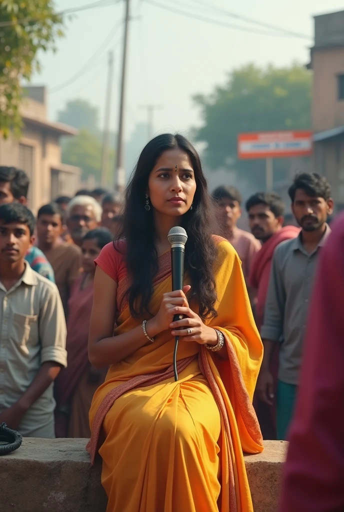 A female journalist wearing plain saree with long open hair. Her age is 30 years. She is having microphone in her hand and taking public opinions during election time. She is sitting on chabutra with people in a village. Village name board is there behind her. The village is from north india and covering the major part of picture
