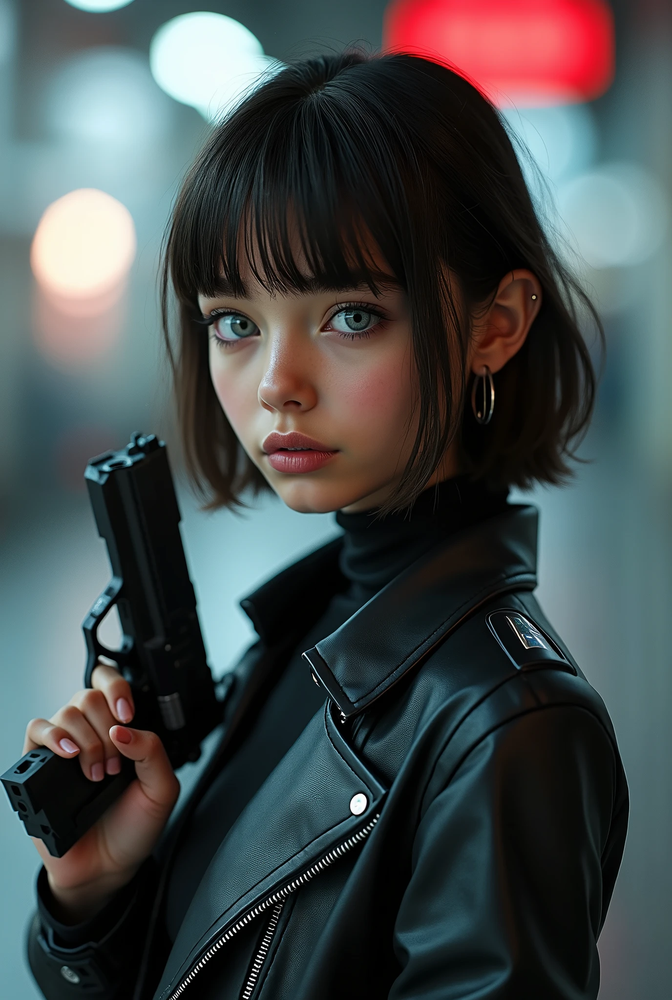 Captured from a high-angle, eye-level perspective, a medium-sized girl, dressed in a black leather jacket, holds a futuristic blaster handgun in her right hand. Her left hand is raised in the air, while her right arm rests on her hip. Her right arm is draped over her shoulder, adding a pop of color to the scene. The girl's hair is a dark brown, with bangs, and she's looking off to the side. Her eyes are a piercing blue, and her lips are a lighter shade of brown. Her hair is styled in a bob, with a slight smile on her face. The backdrop is blurred in the background there is 3D text that reads "Star Wars Outlaws" in the background at the top of the picture, creating a stark contrast to the girl. Star Wars Movie Style Science Fiction, Futurism, retina, masterpiece, accurate, anatomically correct, textured skin, super detail, best quality, award winning, highres, 4K, 8k, 16k